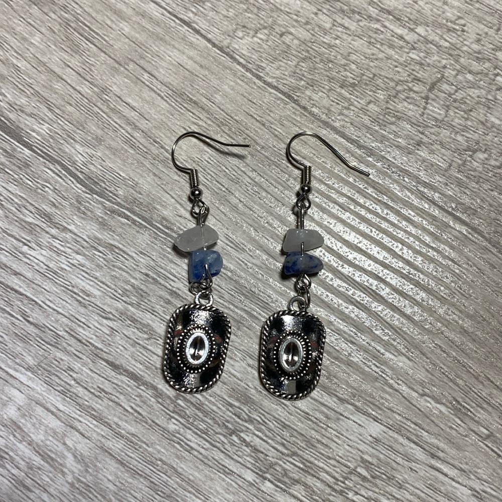 Handmade blue sodalite and clear crystal quarts cowboy hat earrings